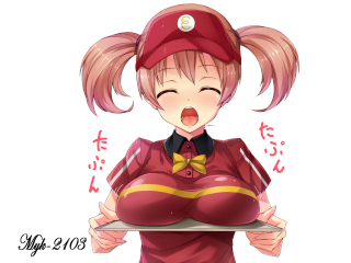 Woman red shirt holding tray - a tray free wallpaper