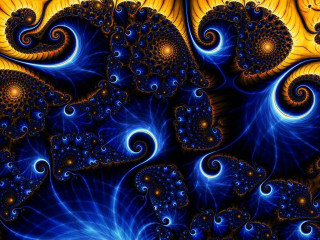 Blue yellow swirls mandelbrot fractals - a black center free wallpaper for desktop