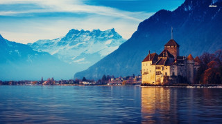 Castle lake mountains blue sky 8 - a few cloud free wallpaper for desktop