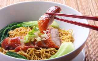 Bowl noodles meat vegetables chopsticks - meat and vegetables free wallpaper