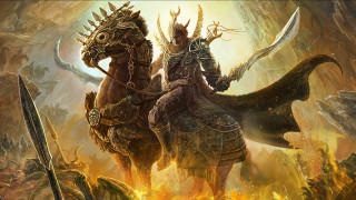 Fantasy horseback riders flames rocks - epic fantasy character art free wallpaper
