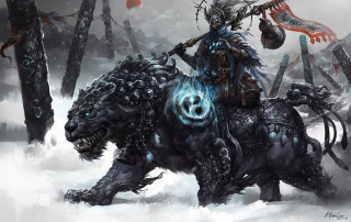 Man riding black horse snowy - epic fantasy character art free wallpaper