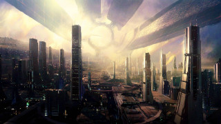 Futuristic city giant clock tower 2 - craig mullins free wallpaper for desktop