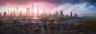 Futuristic city tall buildings traffic 4 - sunset time free wallpaper for desktop