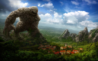 Giant creature mountainous area village - a giant creature free wallpaper