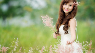 Woman white dress field flowers 2 - a flower crown free wallpaper
