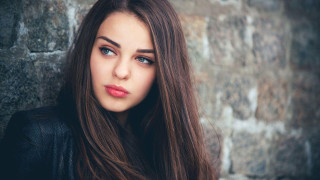 Woman long hair stone wall 2 - her lip free wallpaper