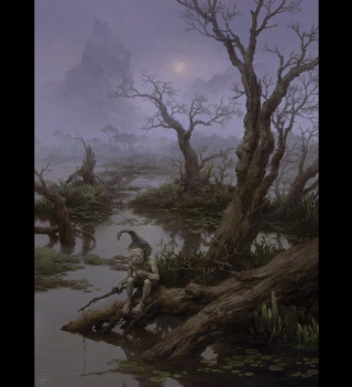 Man sitting tree branch swamp - dark fantasy art free wallpaper for tablet