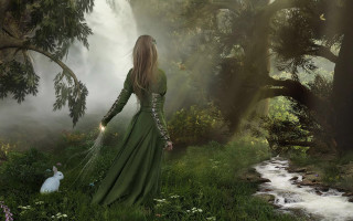 Woman green dress forest cat - a foggy day free wallpaper