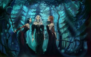 Three women black dresses forest - free fantasy wallpaper
