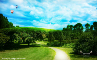 Hot air balloon path nature - cinematic matte painting free wallpaper
