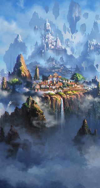 Castle mountain waterfall town painting - a waterfall in the middle of it free wallpaper for mobile