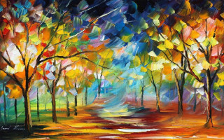Colorful forest trees road painting 2 - impressionist painting free wallpaper