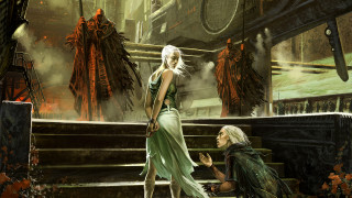 Woman green dress stairway fantasy - mars ravelo and greg rutkowski free wallpaper