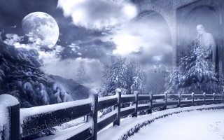 Snowy landscape statue bridge full - matte painting free wallpaper
