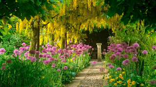 Garden flowers trees stone path 2 - a stone path free wallpaper