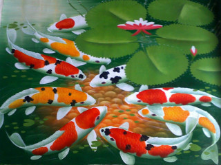 Koi fish swimming pond lily - canvas painting free wallpaper
