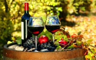 Two glasses wine fruit barrel - leaf and trees free wallpaper