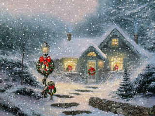 Christmas scene house lantern snow - kinkade free wallpaper