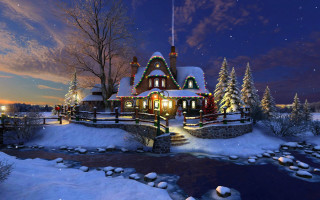 Christmas house decorated lights snow - decoration free wallpaper