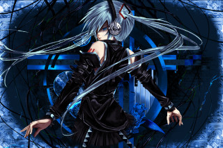 White haired woman sword blue - a black dress holding free wallpaper for desktop