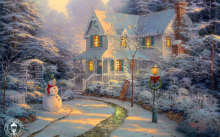 House snowman pathway winter painting - a painting of a house free wallpaper