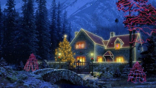 Christmas scene house bridge lights - kinkade free wallpaper