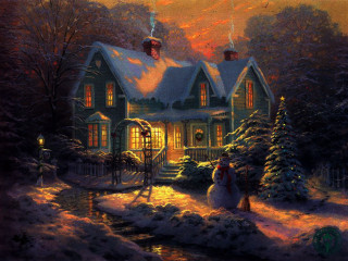House snowman person standing outside 2 - an oil painting free wallpaper for desktop
