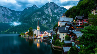 Scenic town lake mountains dusk - scenic free wallpaper