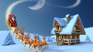 Santa claus sleigh cabin reindeers - a full moon free wallpaper for desktop
