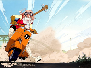 Cartoon character motorcycle guitar sky 2 - a cartoon character riding free wallpaper