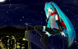 Girl blue hair red top - a cityscape in the background free wallpaper