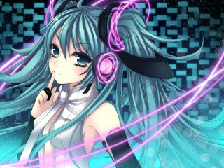 Girl long hair headphones blue - square free wallpaper