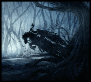 Horse running dark forest man - free halloween wallpaper for tablet