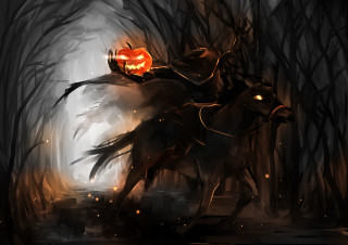 Horse pumpkin forest man riding - dark fantasy art free wallpaper