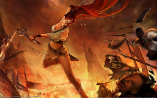 Woman fire sword armor battle - bayard wu free wallpaper