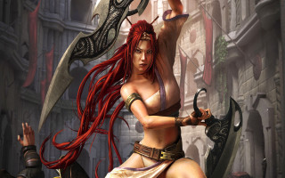 Red haired woman sword ruins - red hair holding free wallpaper