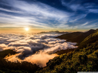 Mountain sun clouds trees view - a view of a mountain free wallpaper