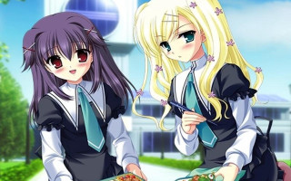 Anime girls eating pizza clock - a clock tower in the background free wallpaper