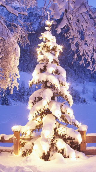 Snowy tree with lights in - folk art free wallpaper for mobile