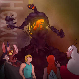 Cartoon group people fireplace demon - free halloween wallpaper for tablet