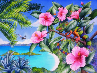 Tropical scene flowers bird flying - in gouache free wallpaper