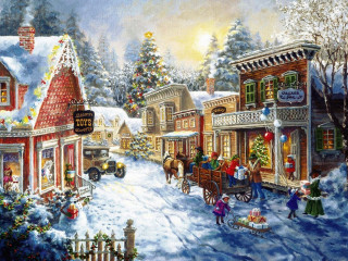 Christmas town horse carriage snow - edward lamson henry free wallpaper