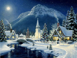 Snowy village church river night - an oil painting free wallpaper for desktop