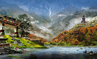 Mountain river pagoda foreground background - a painting of a mountain scene free wallpaper for desktop