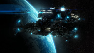 Spaceship floating over planet with - the air over a planet free wallpaper