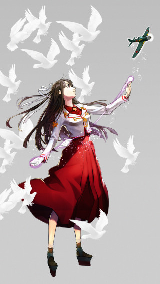 Woman flying kite birds sky - magical realism free wallpaper for mobile