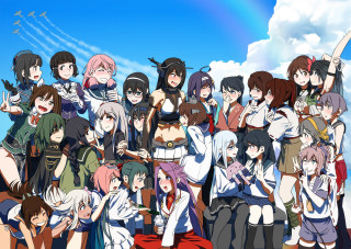 Anime girls blue sky clouds 8 - a rainbow in the background free wallpaper