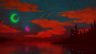 Sunset green red moon black - a painting of a sunset free wallpaper