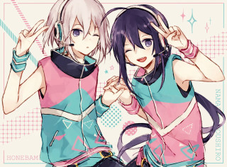 Anime girls headphones pointing side - their ear free wallpaper